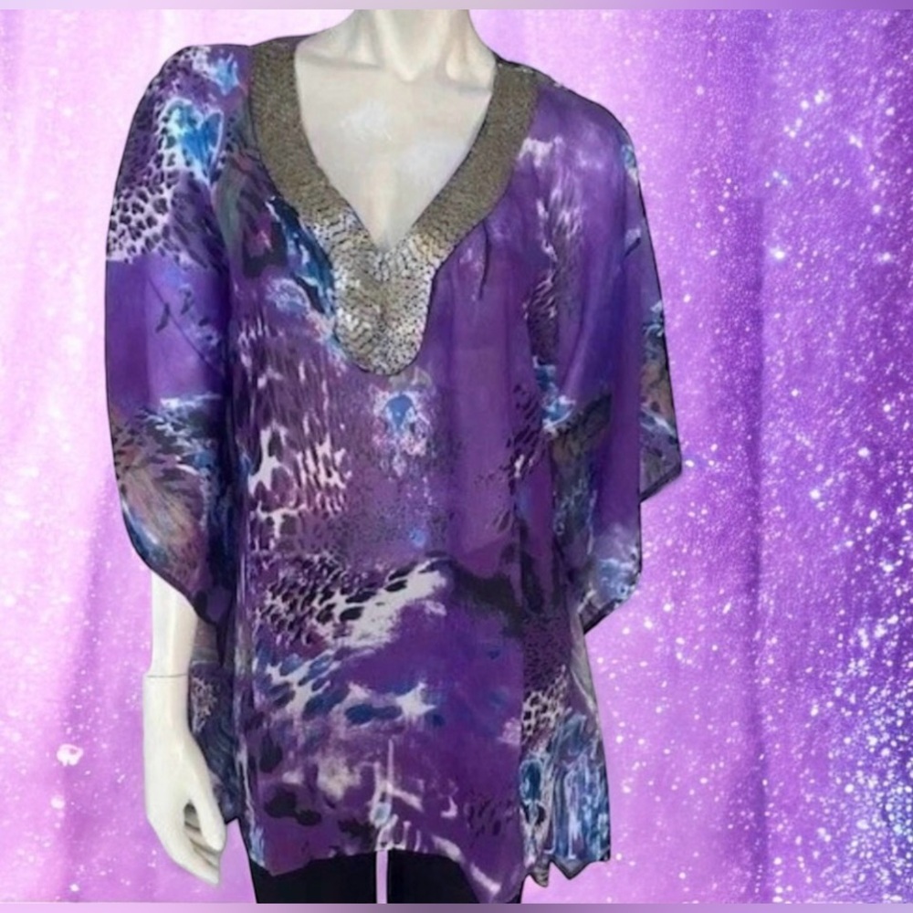 Joan Boyce Purple Printed Chiffon Tunic V-Neck w/Silver Beaded Trim Missy NWT$99 - Picture 6 of 13